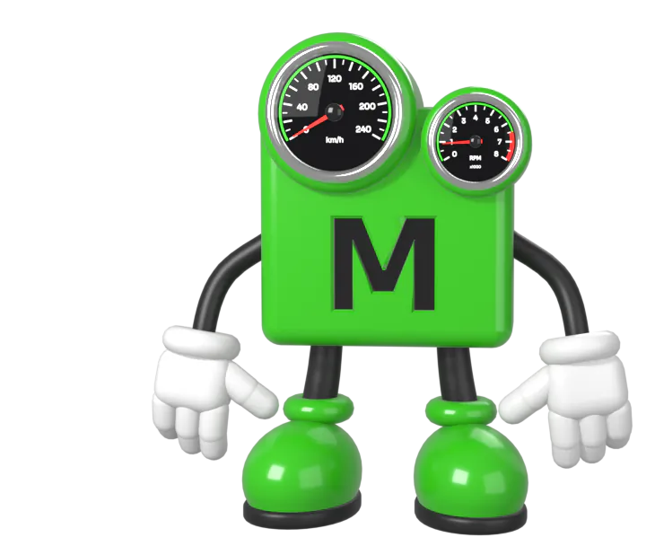 MilO's mascot: a green block with two dials for eyes